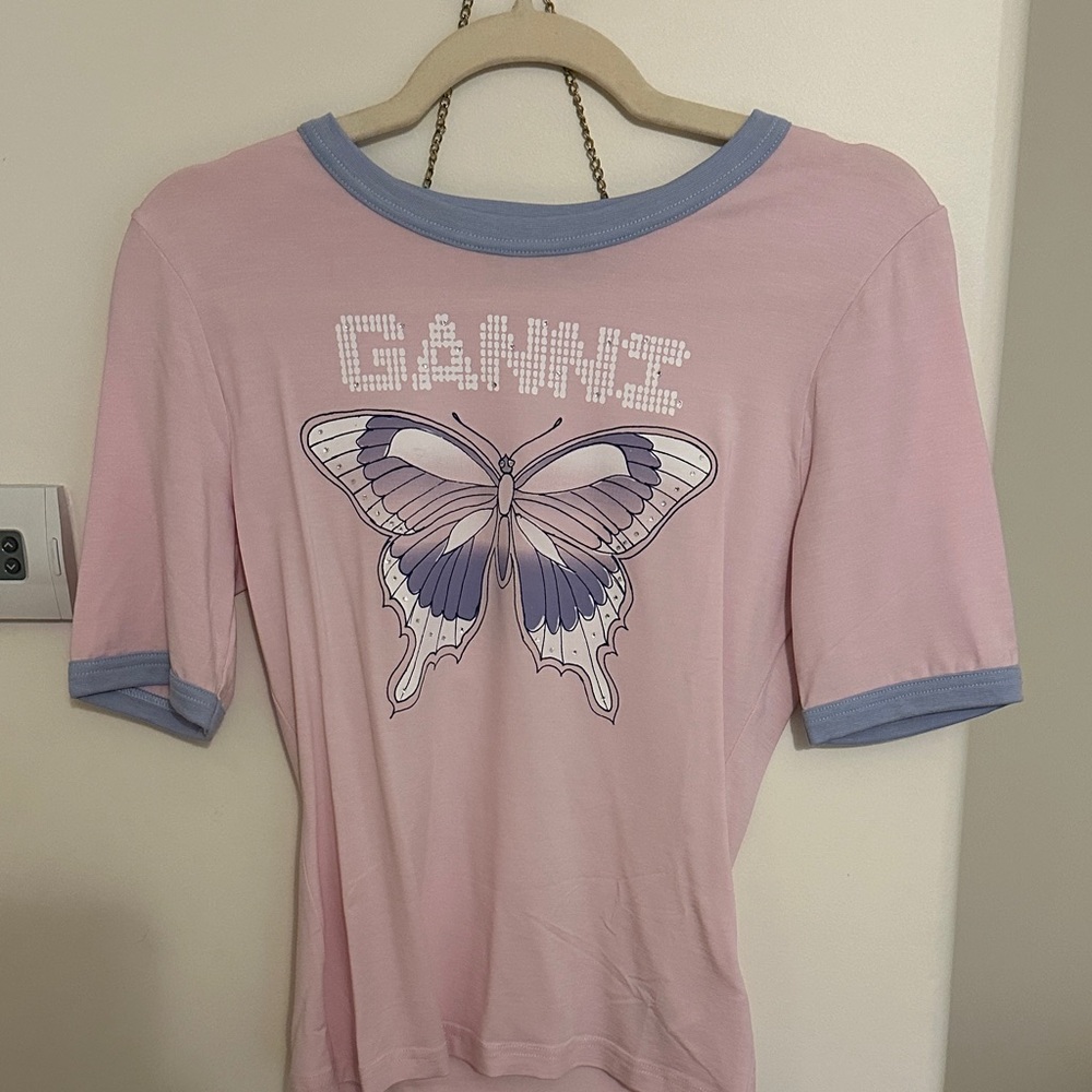 Ganni Pink and Purple Butterfly Graphic Tee